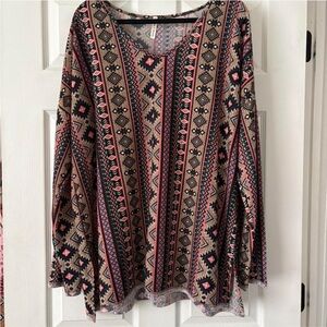 Boho Patterned V-Neck Long Sleeve Top in Beige and Pink